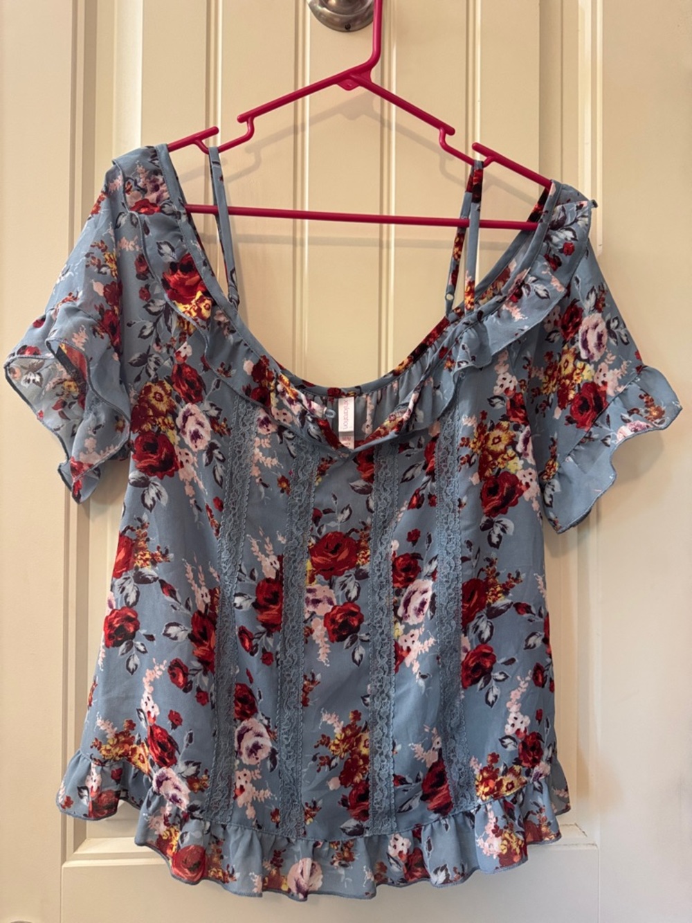 Xhilaration Dusty Blue Floral Cold-Shoulder Ruffle Blouse